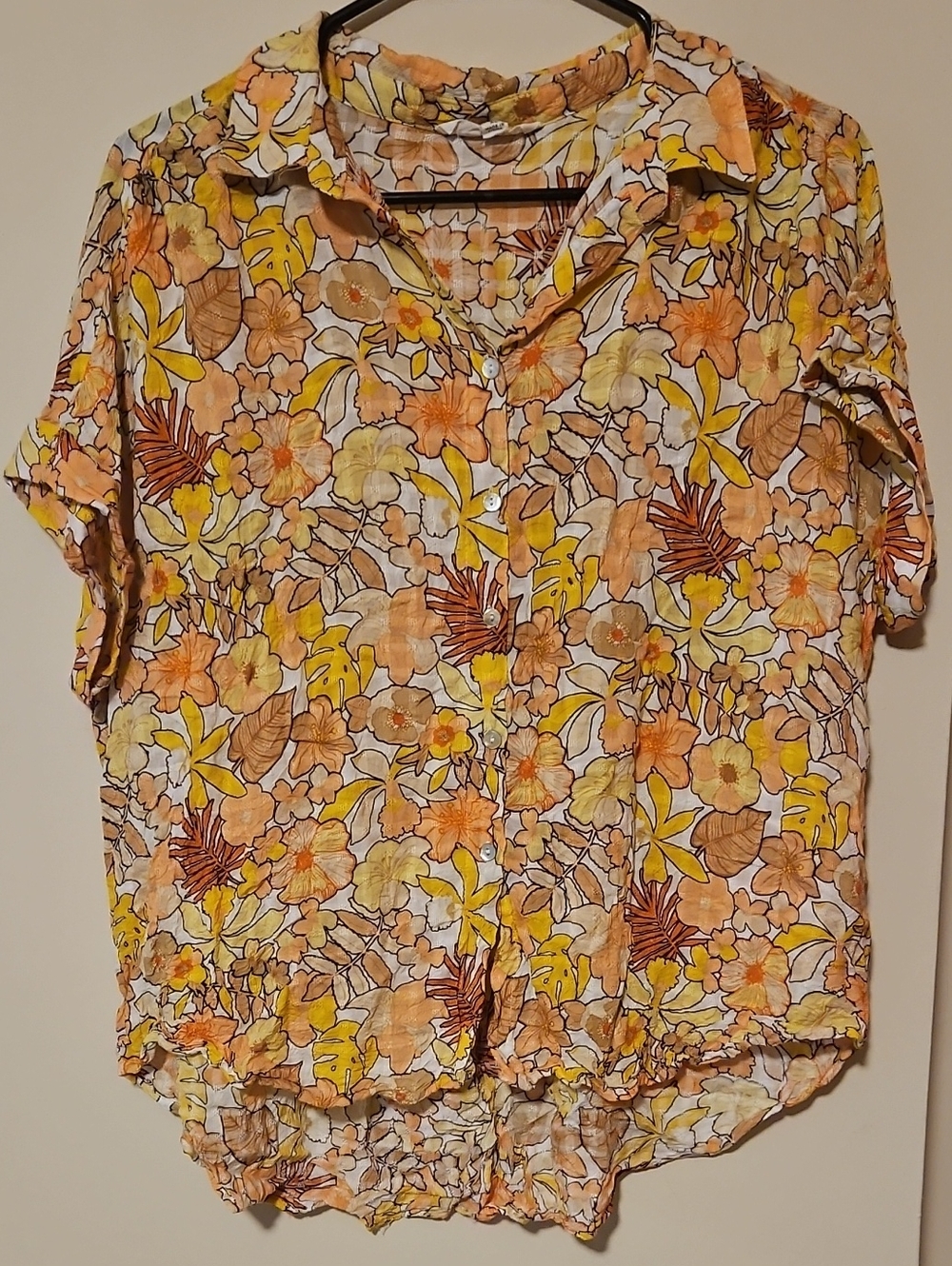 Jane and Delancey Floral Short-Sleeve Button-Down in Yellow and Orange